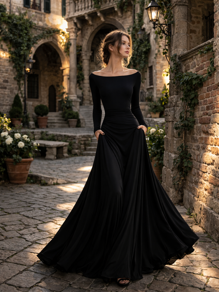 Maxi Dress with Long Sleeves and Boat Neck for Women