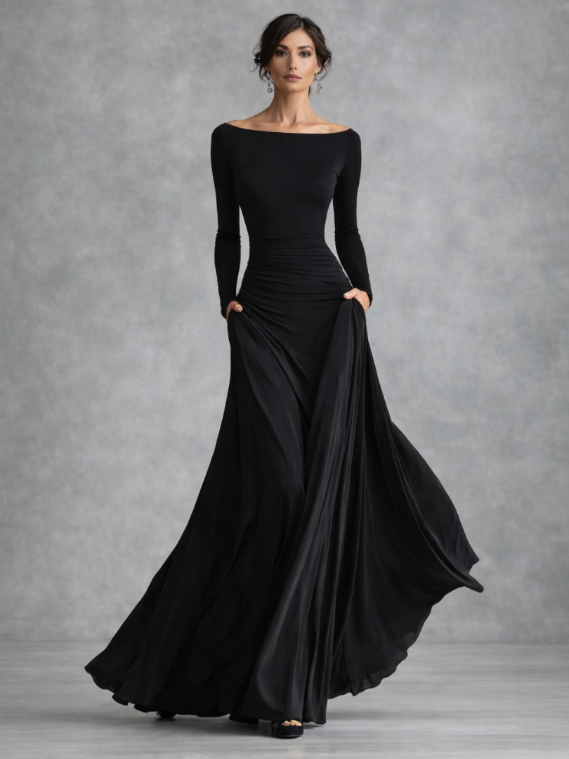 Maxi Dress with Long Sleeves and Boat Neck for Women