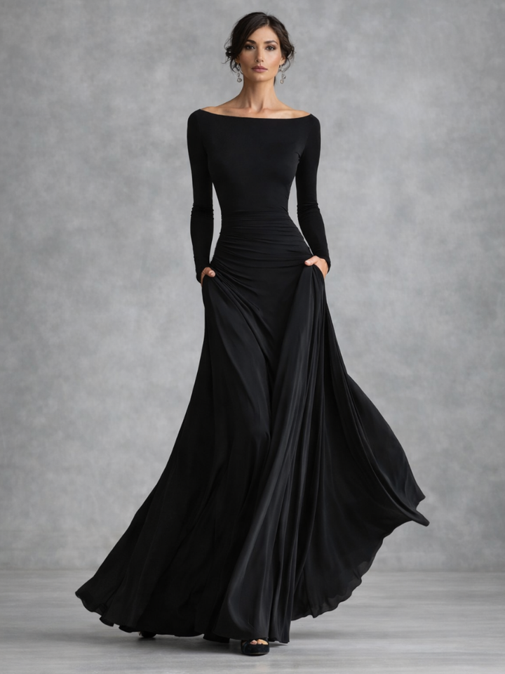 Maxi Dress with Long Sleeves and Boat Neck for Women