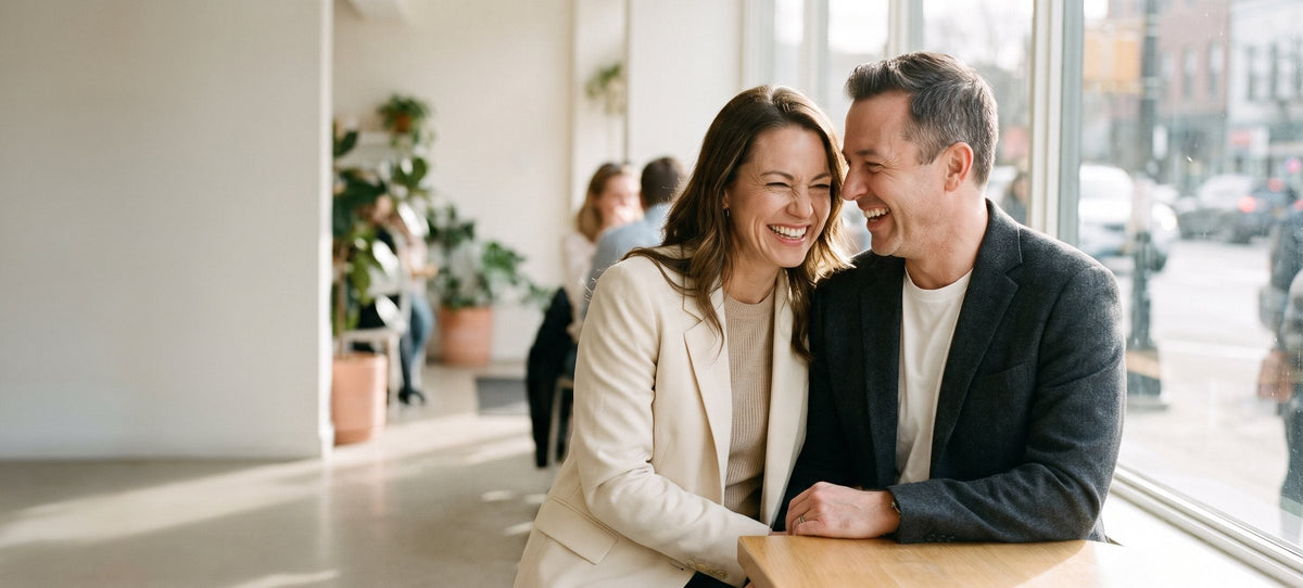 Couple laughing together at a cafe window, woman in cream blazer and man in charcoal jacket