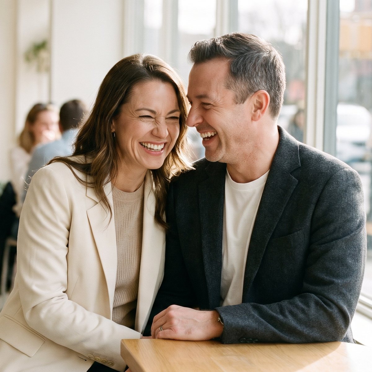 Couple laughing together at a cafe window, woman in cream blazer and man in charcoal jacket