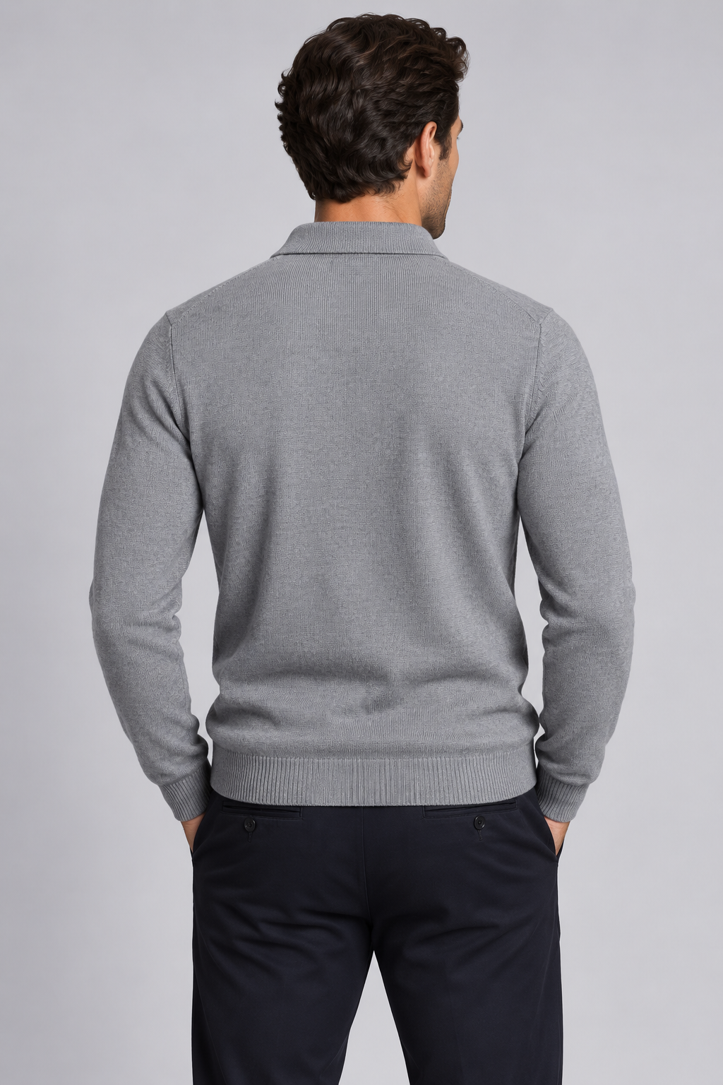 Herre polosweater i merinould og kashmir med jacquardstrik