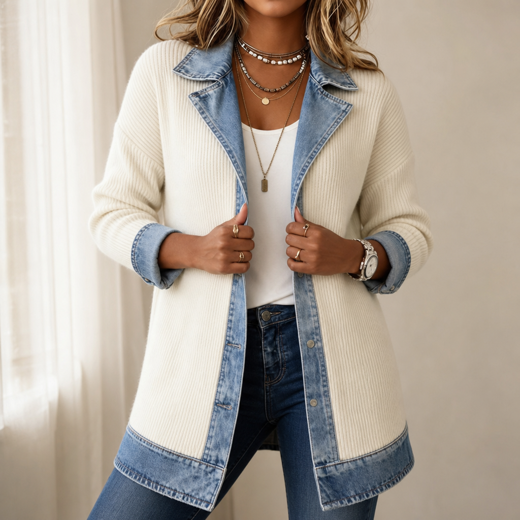 Rib-knit cardigan with denim details for women