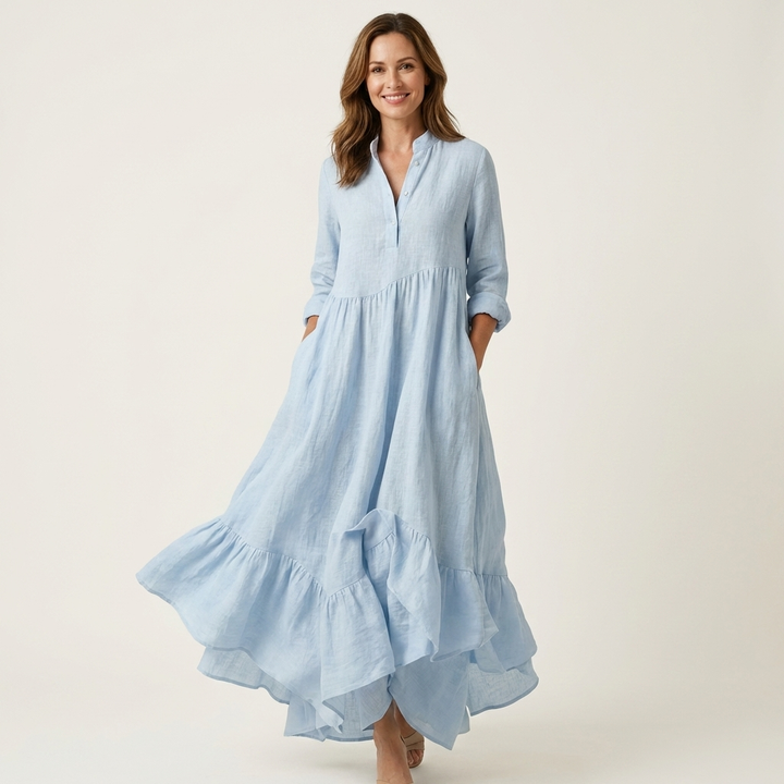 Maxi Dress with Stand Collar, Button Closure, and Ruffled Hem for Women