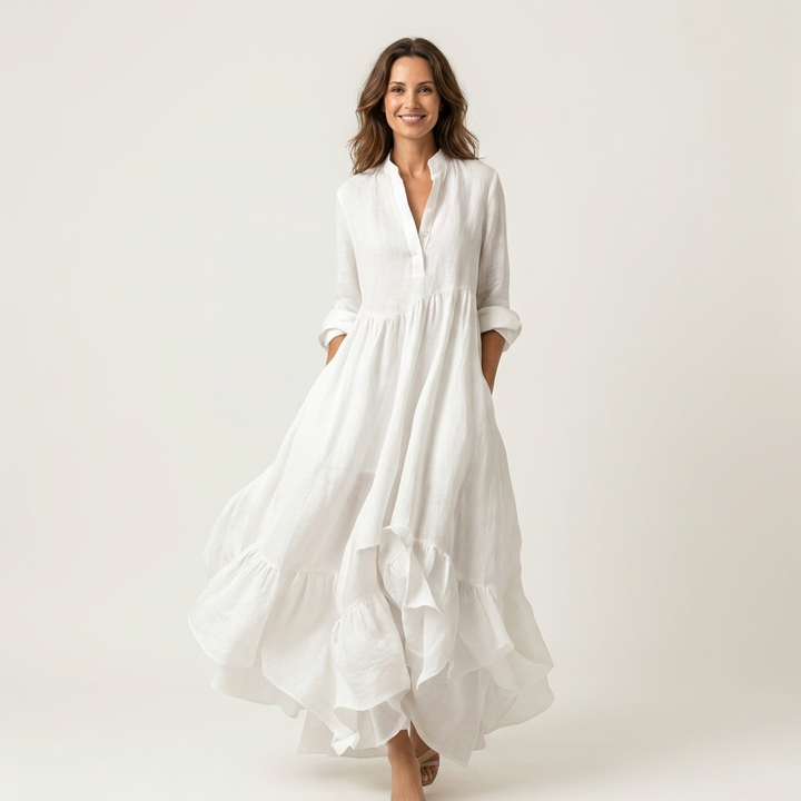 Maxi Dress with Stand Collar, Button Closure, and Ruffled Hem for Women