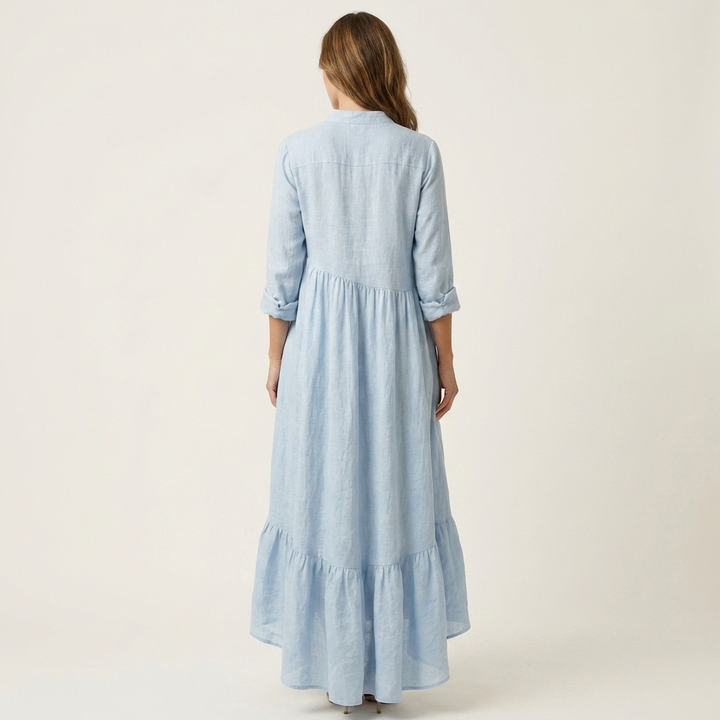 Maxi Dress with Stand Collar, Button Closure, and Ruffled Hem for Women