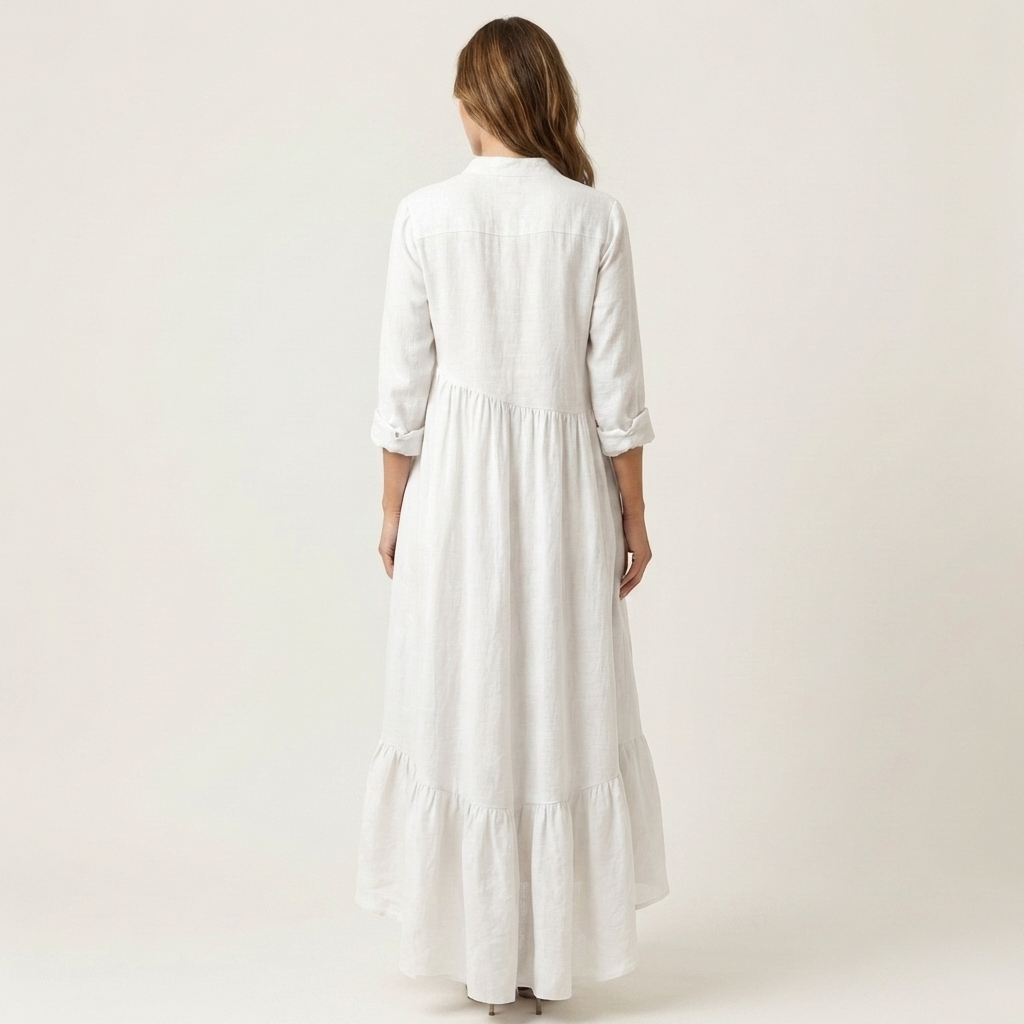 Maxi Dress with Stand Collar, Button Closure, and Ruffled Hem for Women