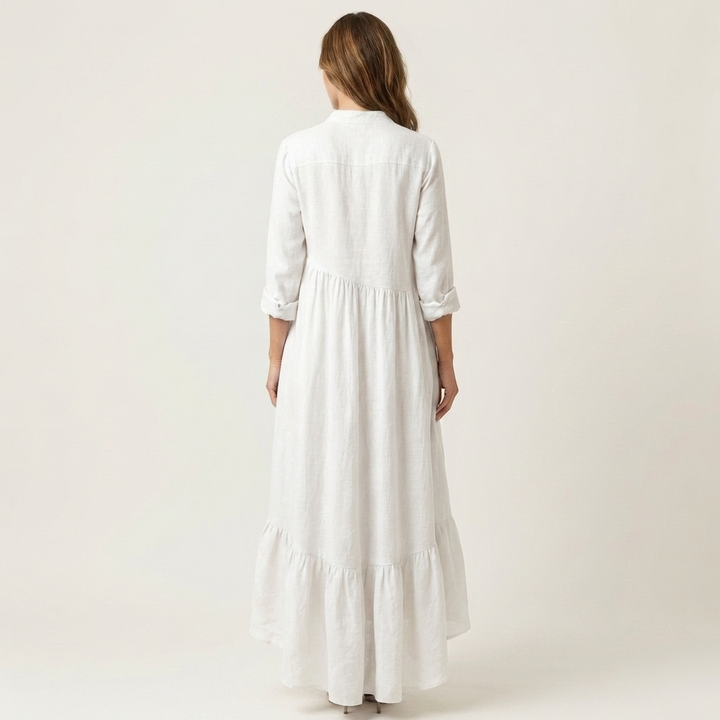 Maxi Dress with Stand Collar, Button Closure, and Ruffled Hem for Women