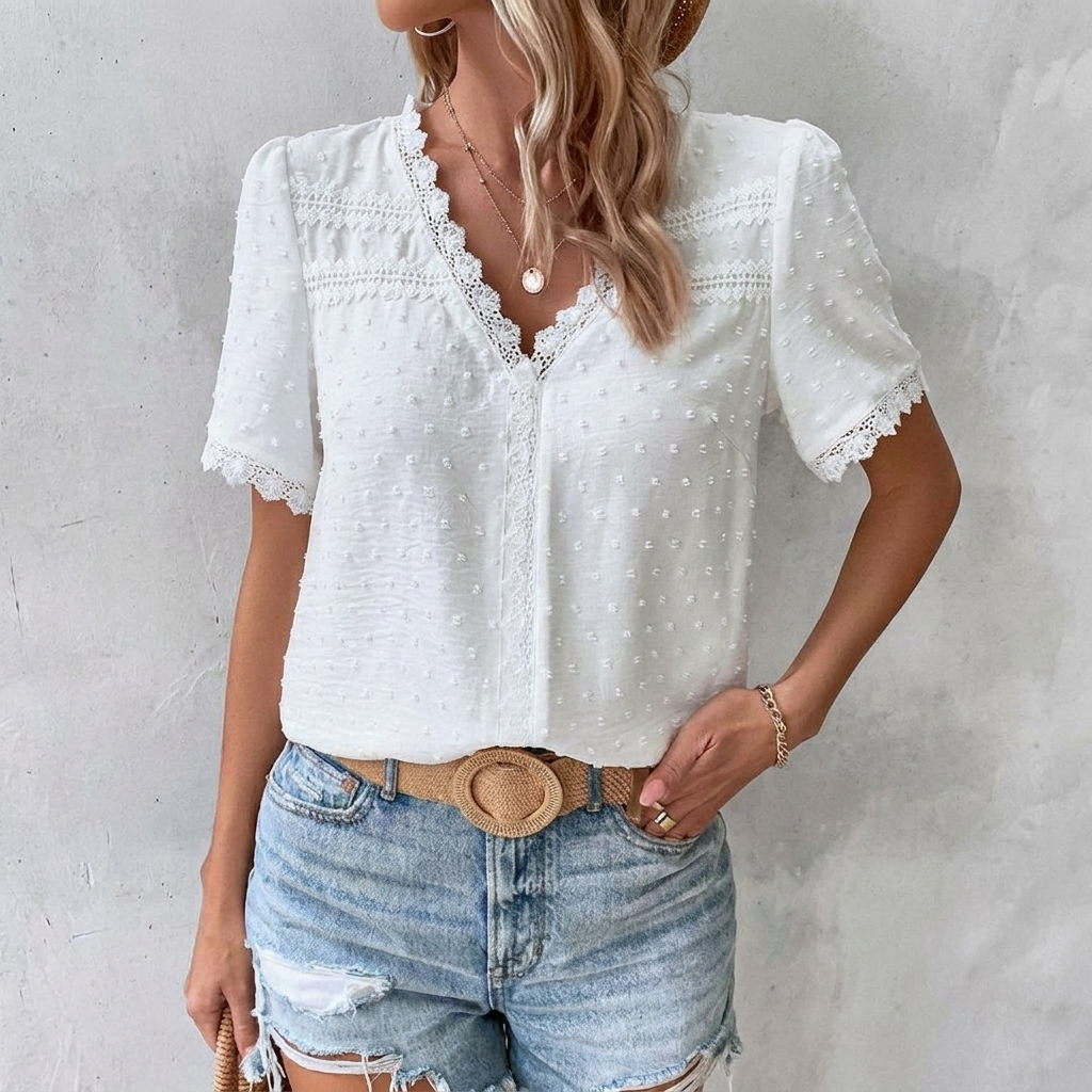 Bohemian-inspired blouse with a V-neck, Swiss dots, and lace trim for women