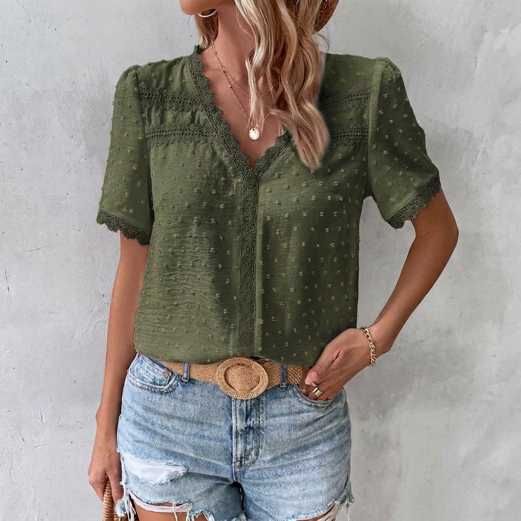 Bohemian-inspired blouse with a V-neck, Swiss dots, and lace trim for women