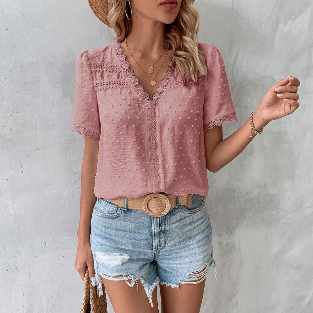 Bohemian-inspired blouse with a V-neck, Swiss dots, and lace trim for women