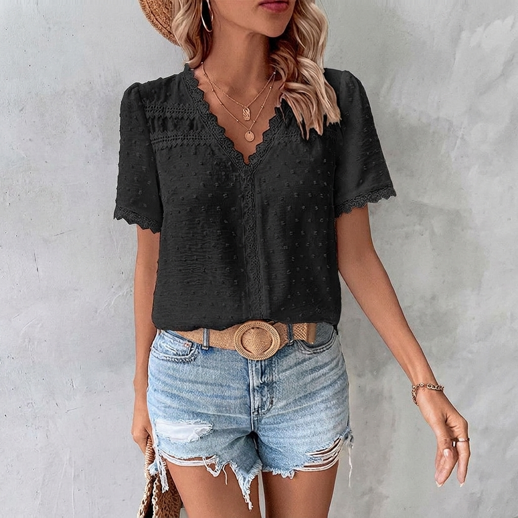 Bohemian-inspired blouse with a V-neck, Swiss dots, and lace trim for women