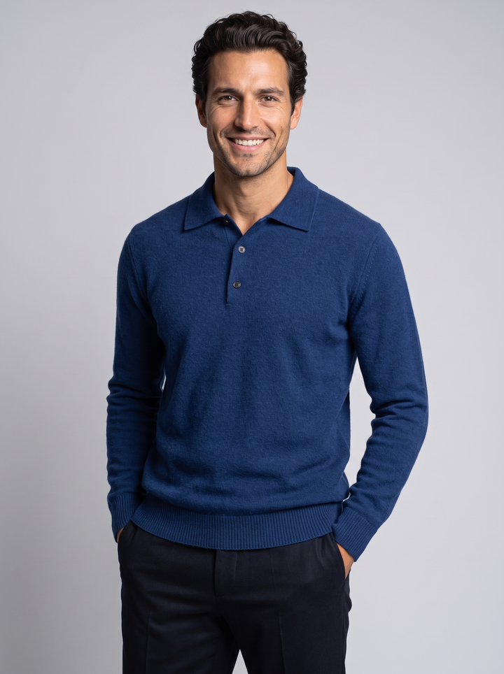 Herre polosweater i merinould og kashmir med jacquardstrik