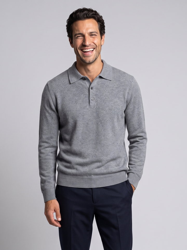 Herre polosweater i merinould og kashmir med jacquardstrik
