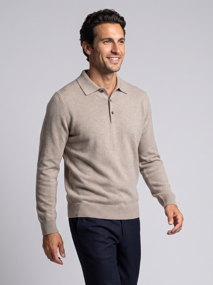Herre polosweater i merinould og kashmir med jacquardstrik