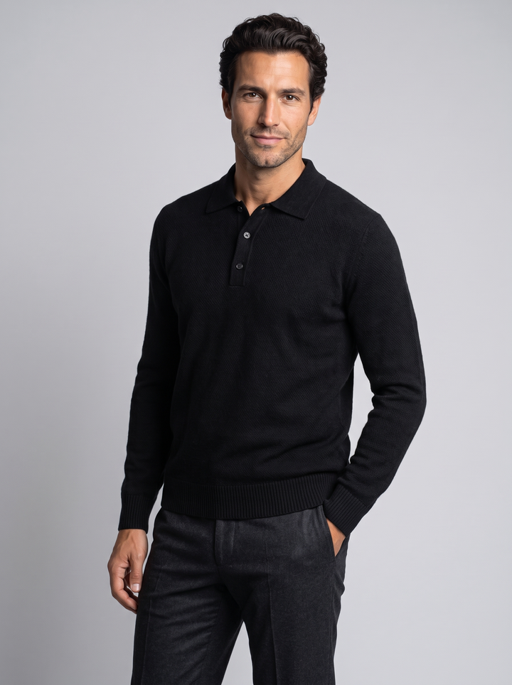 Herre polosweater i merinould og kashmir med jacquardstrik