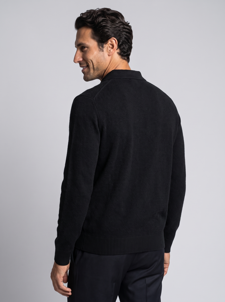 Herre polosweater i merinould og kashmir med jacquardstrik