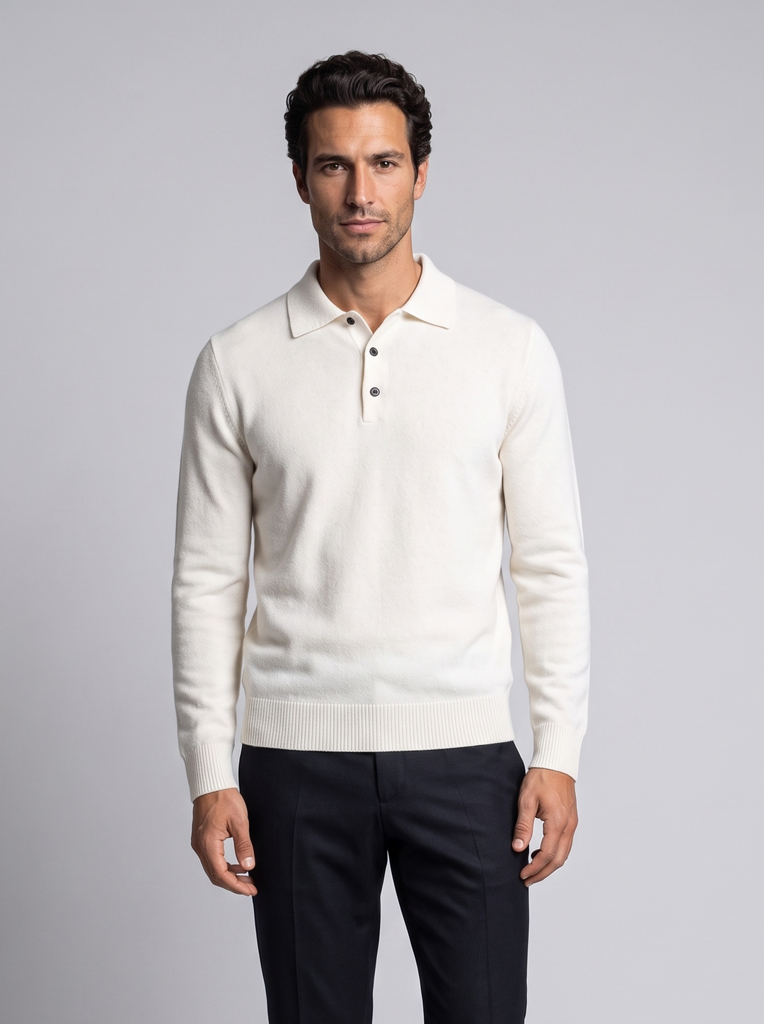 Herre polosweater i merinould og kashmir med jacquardstrik