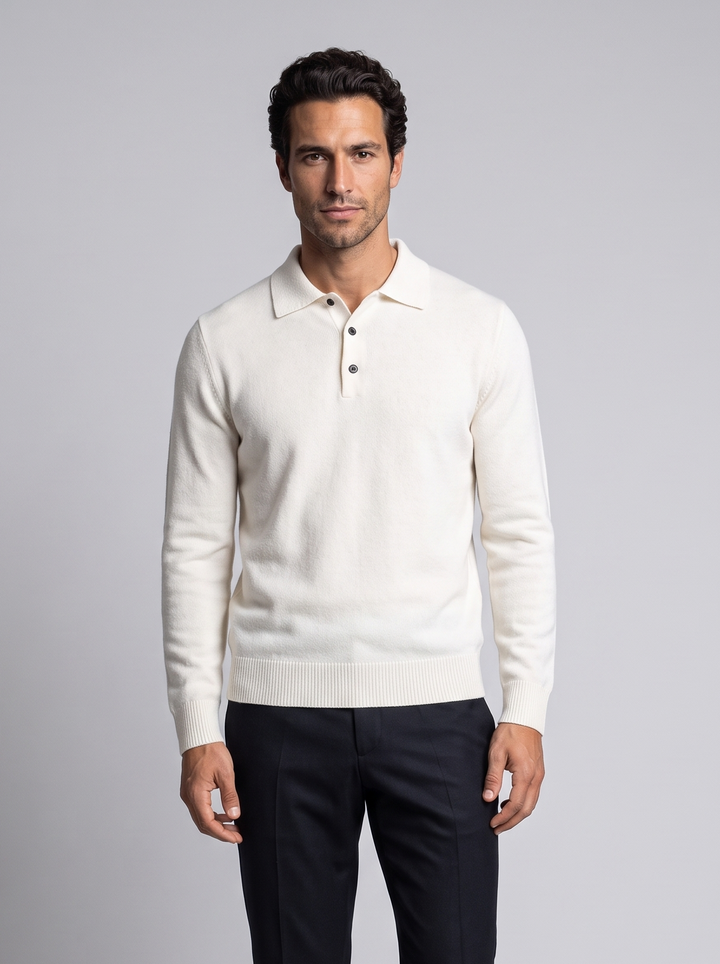 Herre polosweater i merinould og kashmir med jacquardstrik