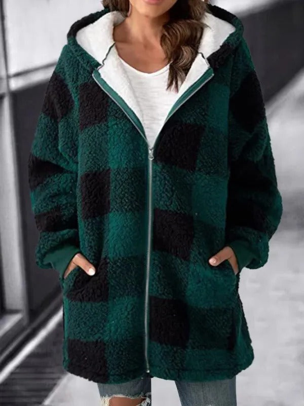 Fleece Hooded Cardigan with Long Sleeves and Relaxed Fit for Women
