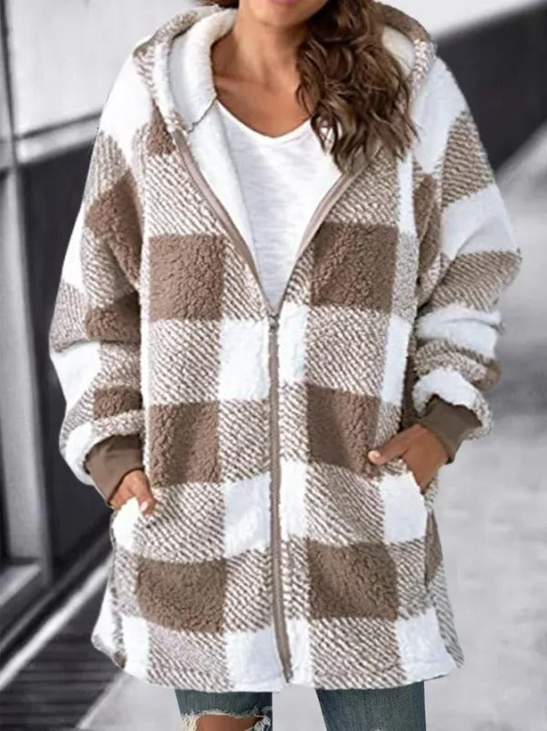 Fleece Hooded Cardigan with Long Sleeves and Relaxed Fit for Women