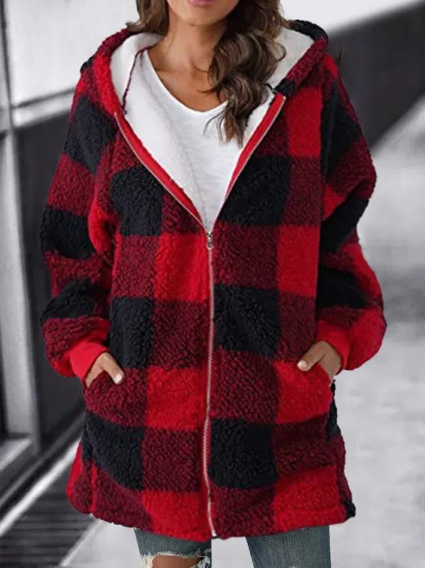Fleece Hooded Cardigan with Long Sleeves and Relaxed Fit for Women
