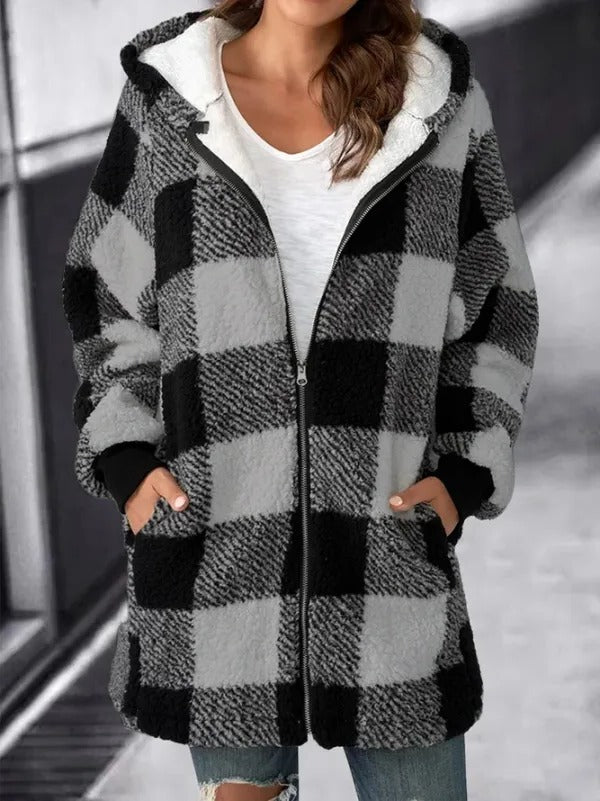 Fleece Hooded Cardigan with Long Sleeves and Relaxed Fit for Women
