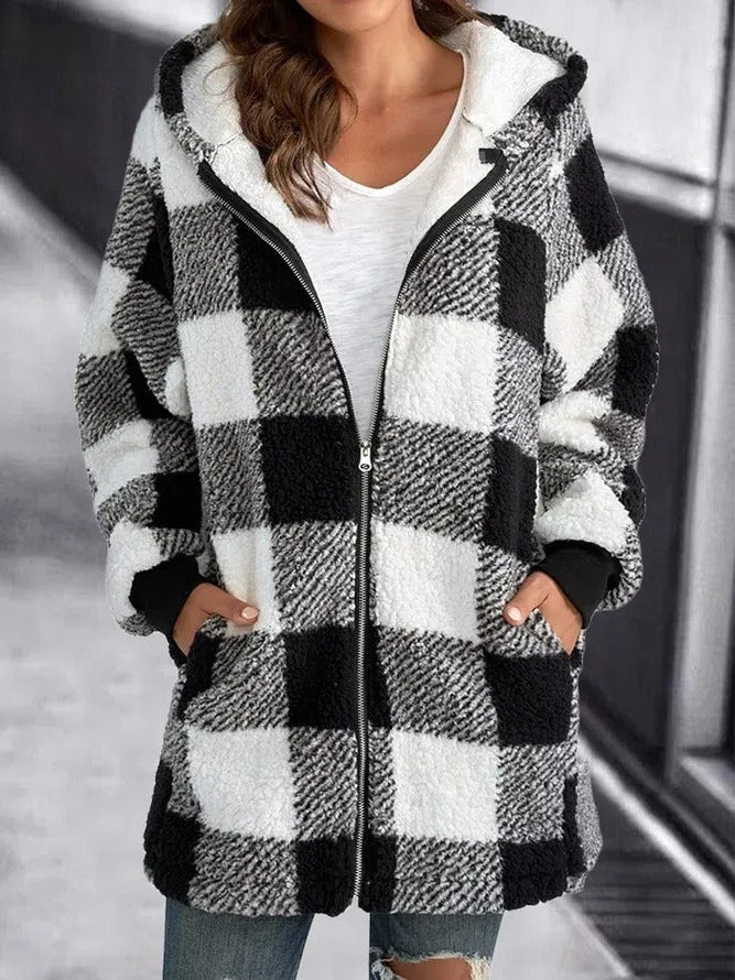 Fleece Hooded Cardigan with Long Sleeves and Relaxed Fit for Women