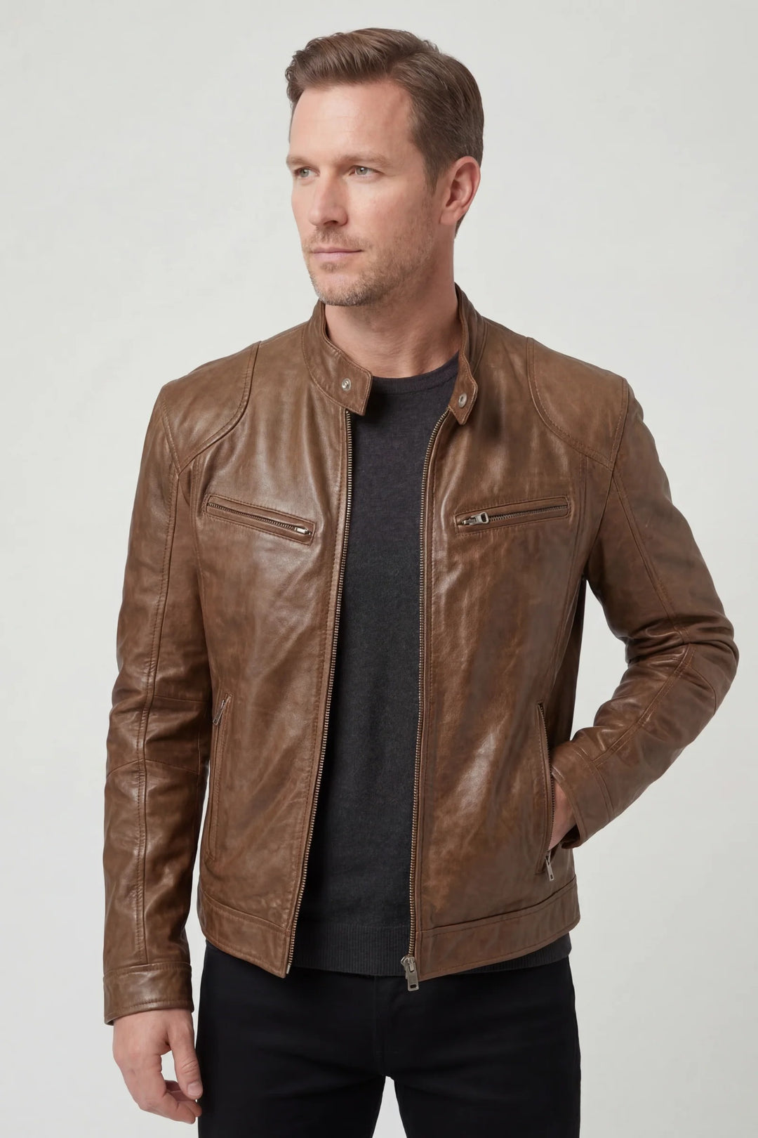 Black biker jacket with zippered pockets for men