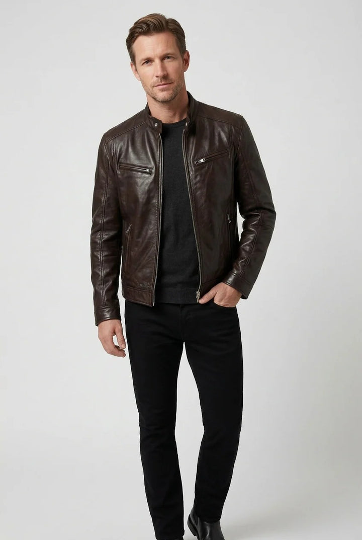 Black biker jacket with zippered pockets for men