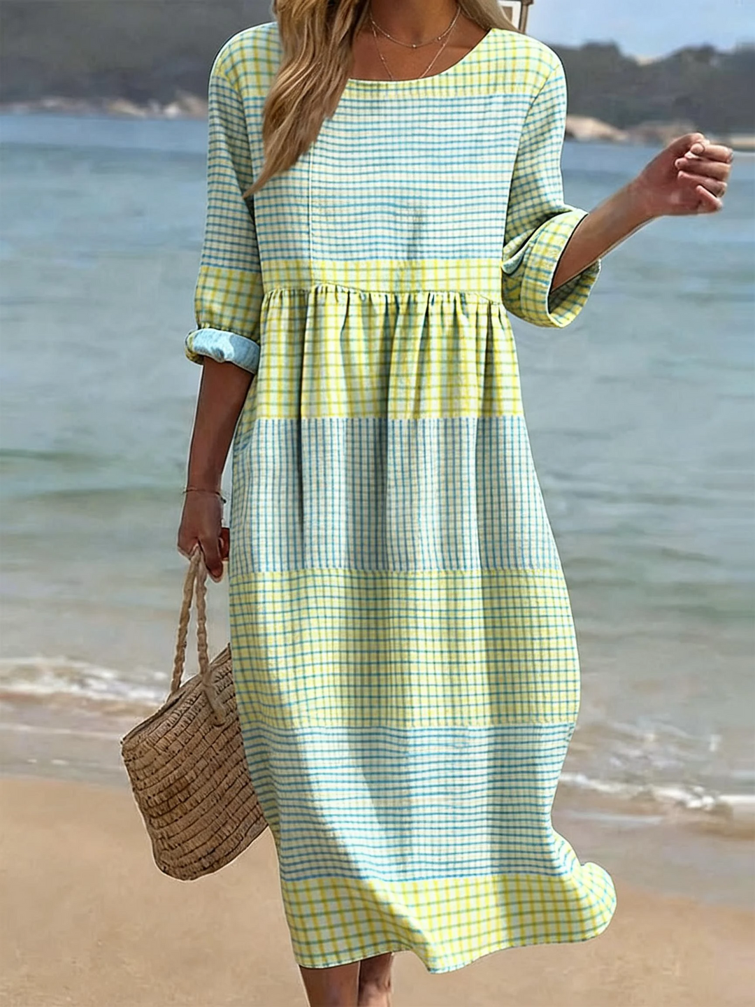 Checked Midi Dress with Round Neck