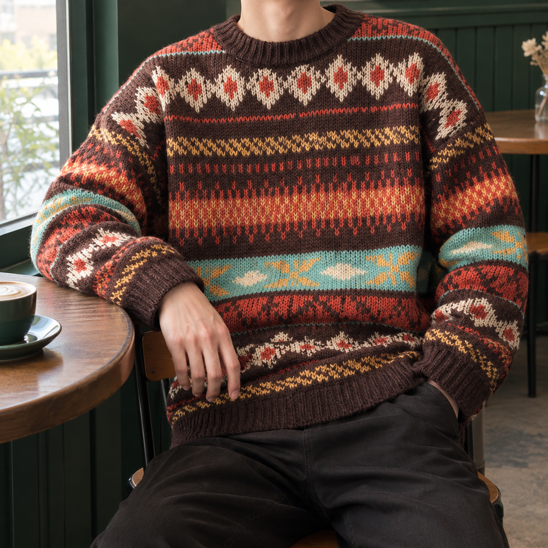 Herre-sweater i bomuldsblanding med Fair Isle-mønster