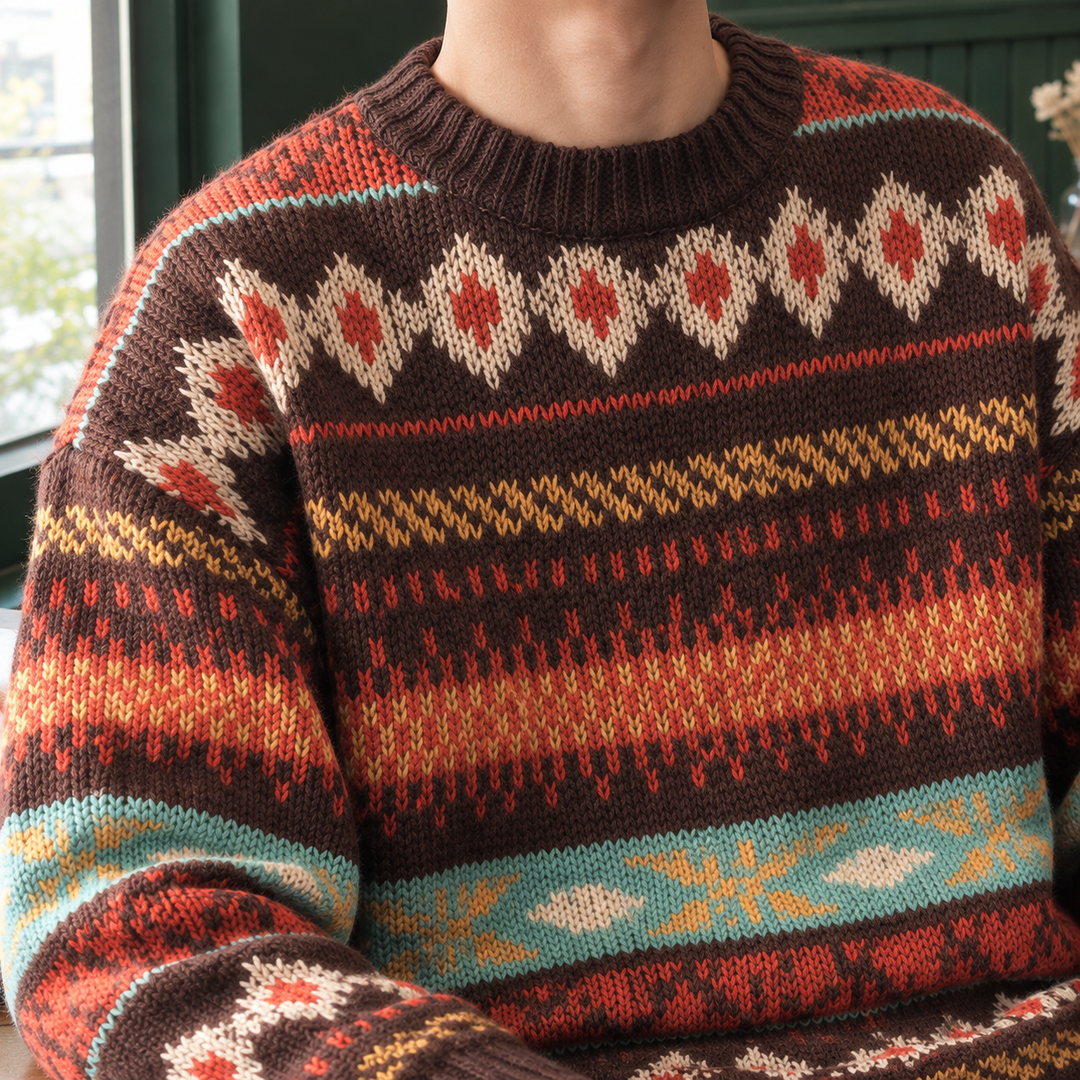 Herre-sweater i bomuldsblanding med Fair Isle-mønster