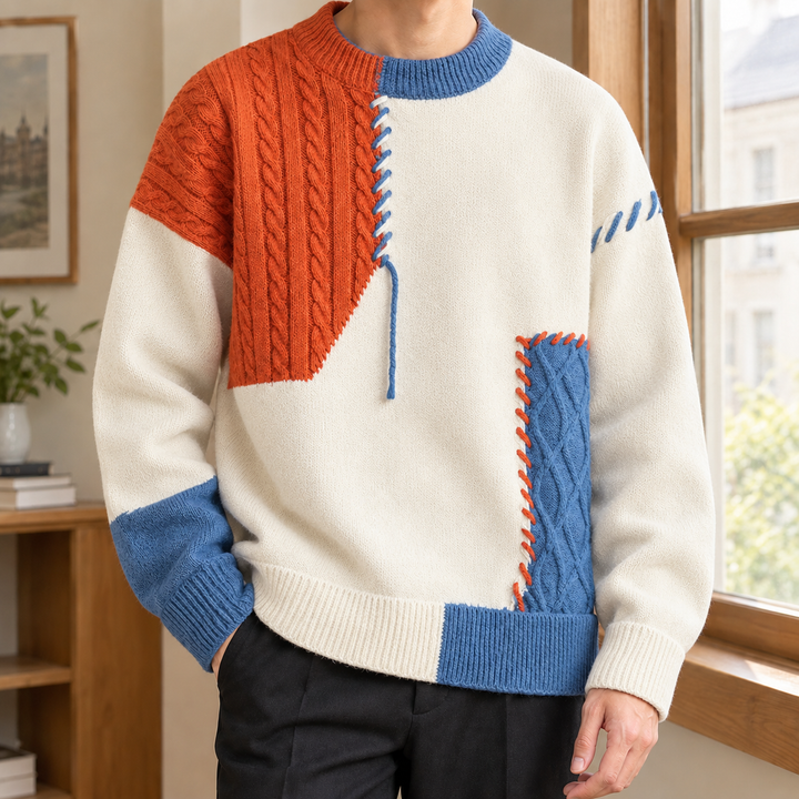 Patchwork knit sweater for men