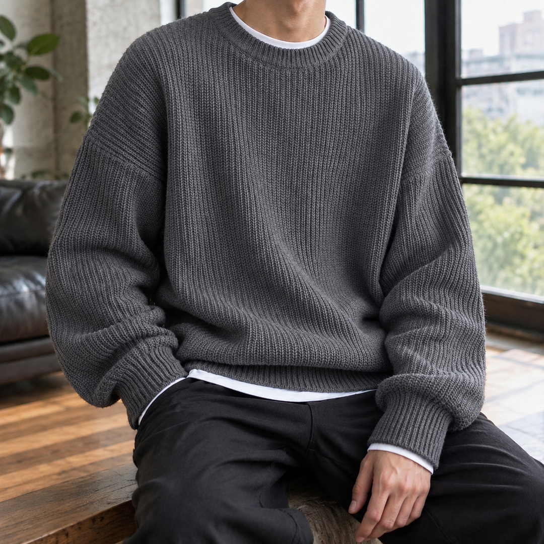 Men's Oversized Rib-Knit Crew Neck Sweater