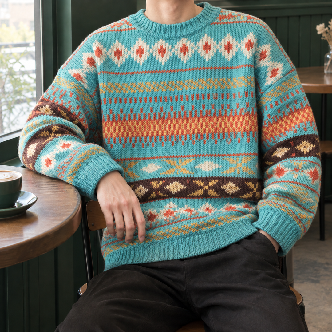 Herre-sweater i bomuldsblanding med Fair Isle-mønster