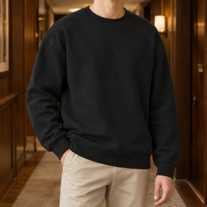 Casual Crew-Neck Sweatshirt with Ribbed Trim for Men