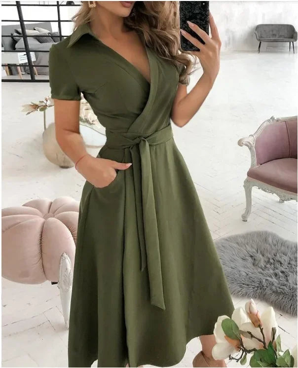 A-line midi dress with tie waist for women