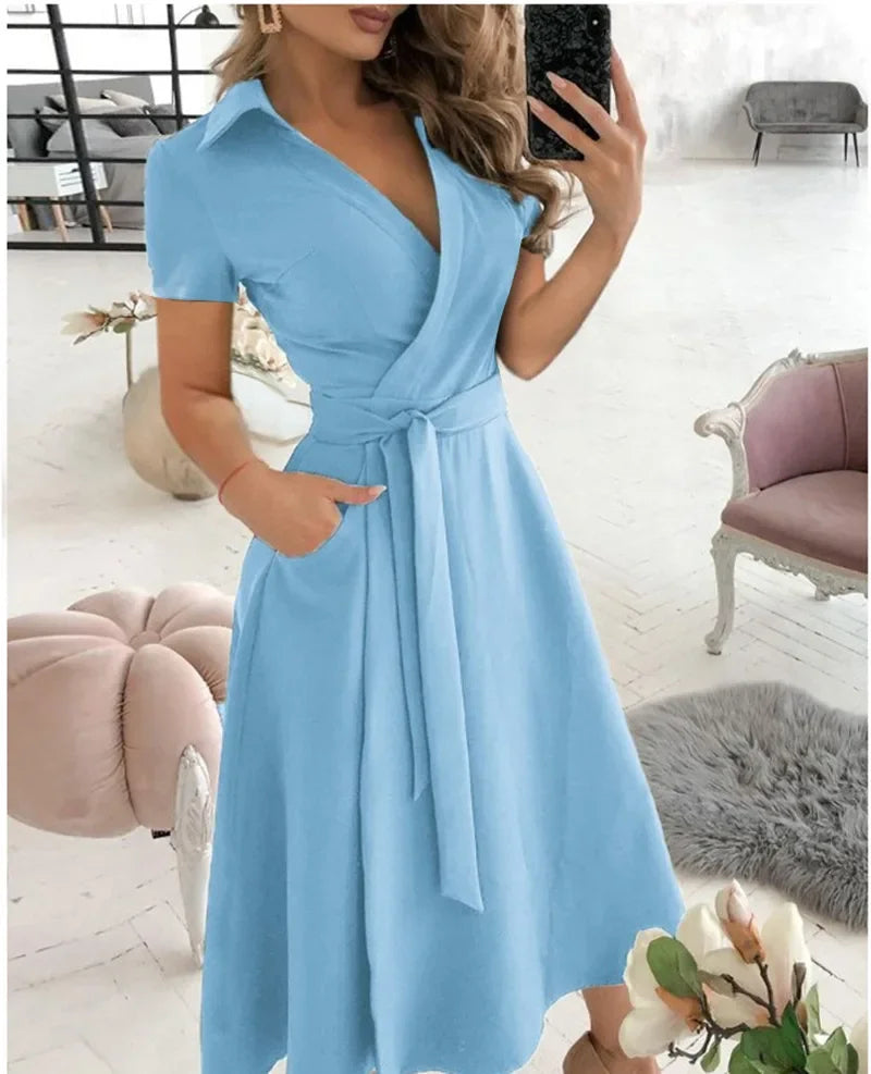 A-line midi dress with tie waist for women