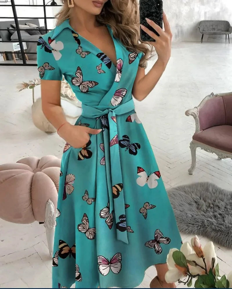 A-line midi dress with tie waist for women