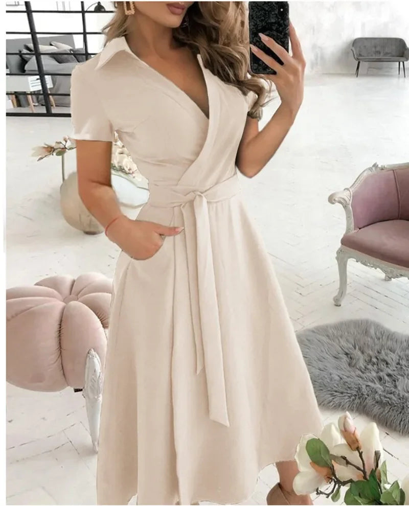 A-line midi dress with tie waist for women