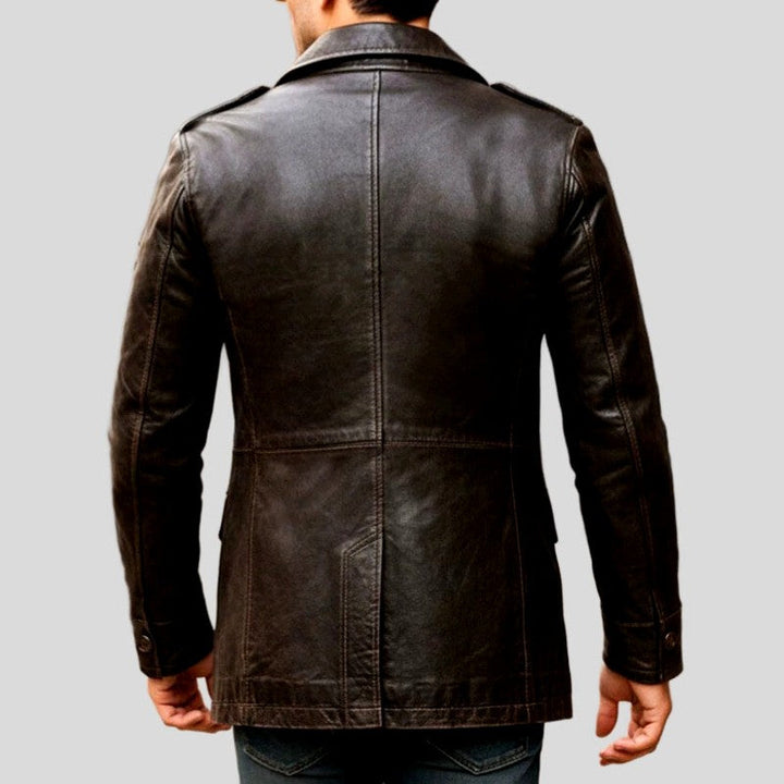 Men’s double-breasted faux leather trench coat