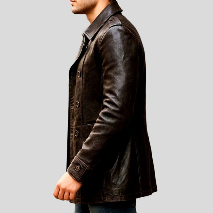 Men’s double-breasted faux leather trench coat