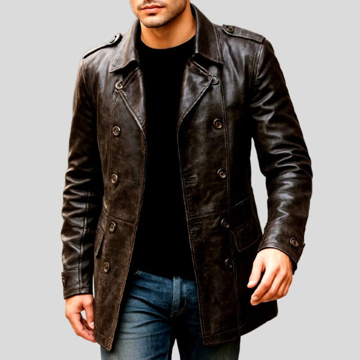 Men’s double-breasted faux leather trench coat