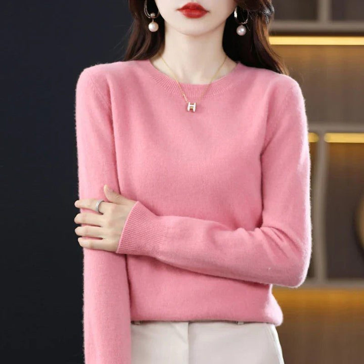 Dame-sweater i cashmere med rund hals og lange ærmer