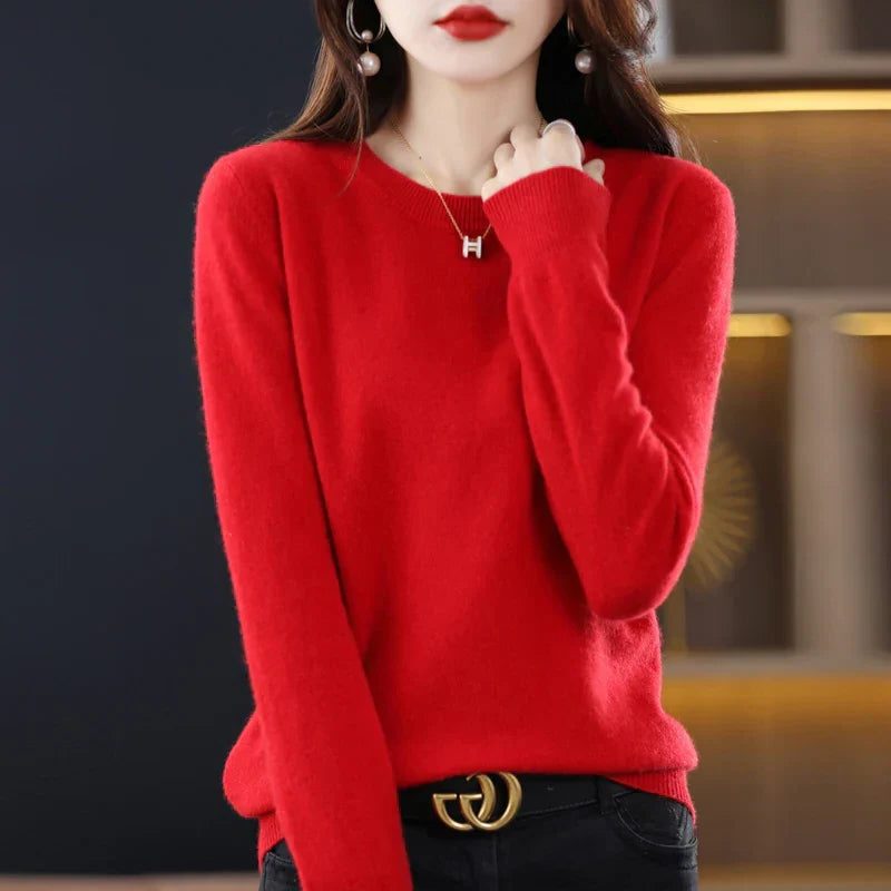 Dame-sweater i cashmere med rund hals og lange ærmer