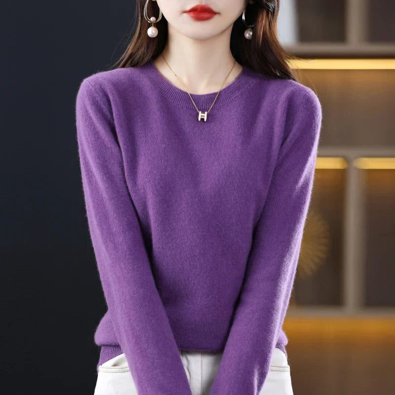 Dame-sweater i cashmere med rund hals og lange ærmer