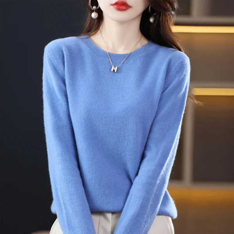 Dame-sweater i cashmere med rund hals og lange ærmer