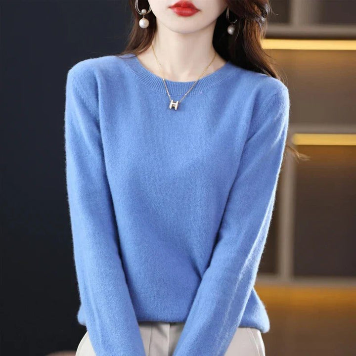 Dame-sweater i cashmere med rund hals og lange ærmer