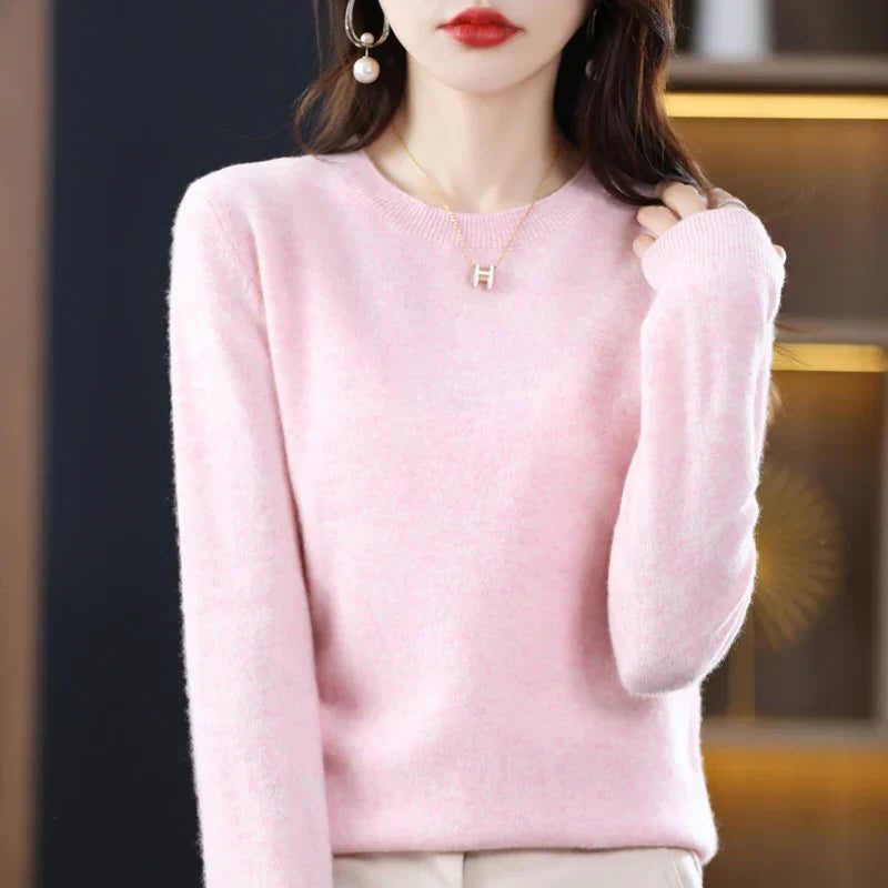 Dame-sweater i cashmere med rund hals og lange ærmer